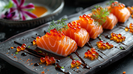 Freshness salmon sashimi sushi fish wasabi japanese food meal decoreated plate in fine dining restaurant course, healthy eating seafood raw food gourmet delicious elegant japan tradition cookery