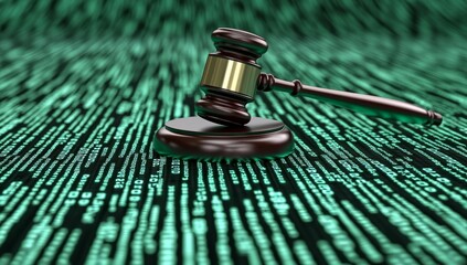 Digital gavel surrounded by binary code, representing the future of digital law