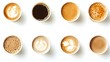 © Pascal - Set of paper take away cups of different coffee latte or cappuccino isolated on white background, top view