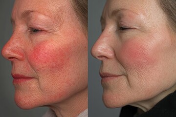 Wall Mural - Person before and after rosacea, skin improved texture and appearance