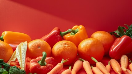 Poster - A vibrant display of assorted peppers, carrots, and oranges on a red background, showcasing the beauty and variety of fresh produce.