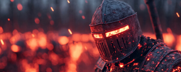 A fierce armored warrior stands amidst a fiery landscape, illuminated by glowing embers, embodying strength and courage.