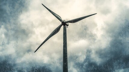 A photo of an art print featuring a wind turbine, placed on top of the frame with its blades pointing towards a cloudy sky