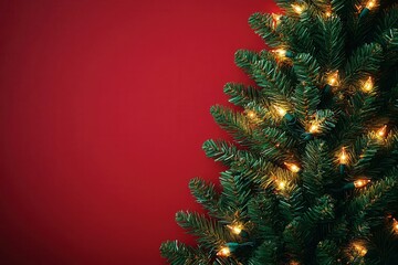 A beautifully lit Christmas tree against a festive red background, perfect for holiday celebrations and seasonal decorations.