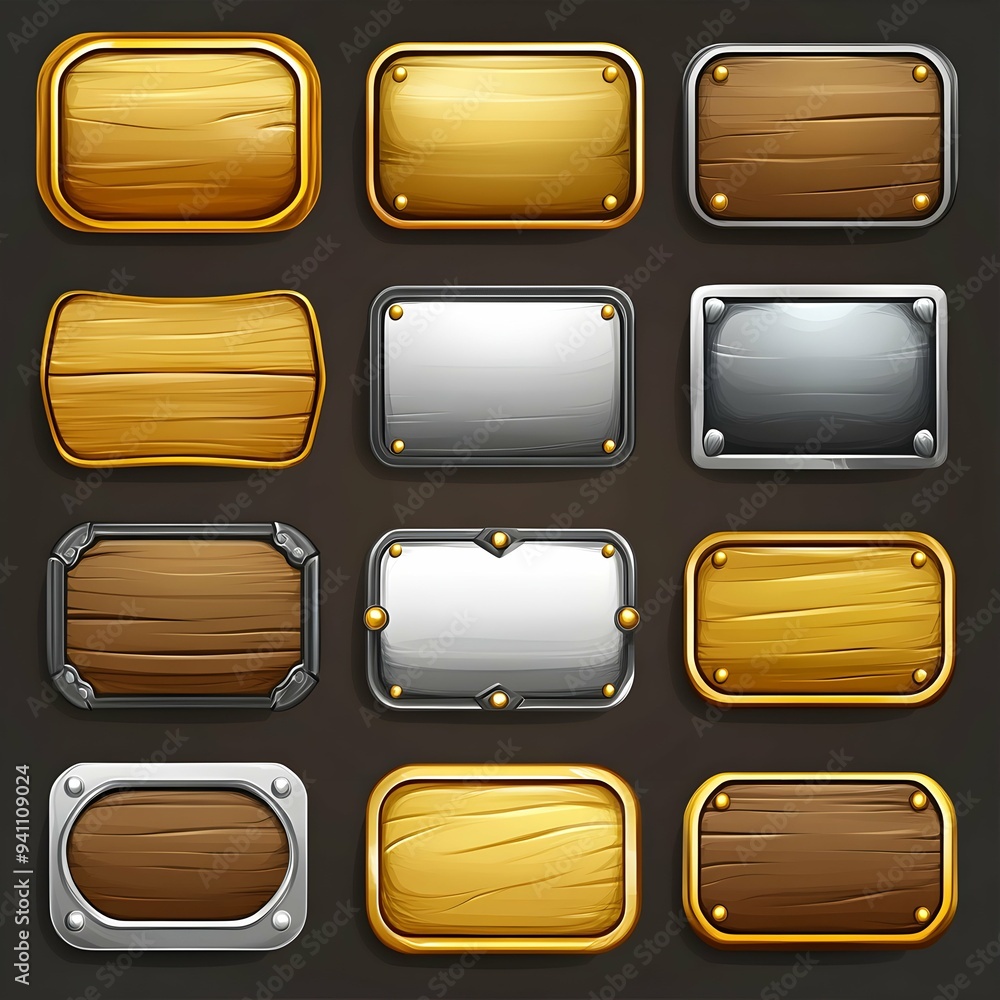 Wooden buttons framed with gold and silver for game UI design ...
