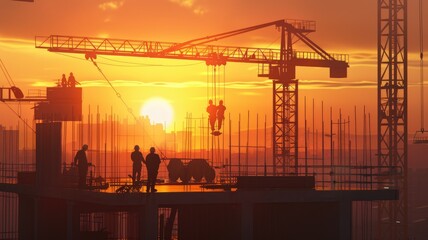 Silhouetted construction workers on a building site at sunset. Big crane working at construction in sunset. Industrial and teamwork concept for design and print. Engineering project concept. AIG53.