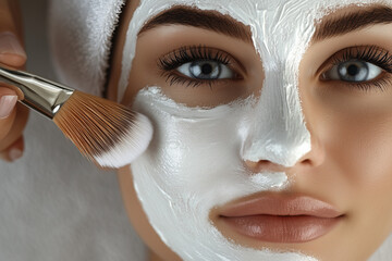 Wall Mural - A beautiful woman receiving a facial treatment in a beauty salon. The close-up shot focuses on her face, which is covered in a white cream mask, and a brush used for skin care