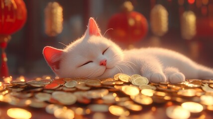 Wall Mural - A white cat is sleeping on a pile of gold coins