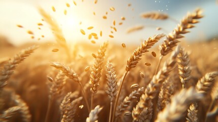 Field of ripe wheat at sunset with golden ears and grains flying in the air