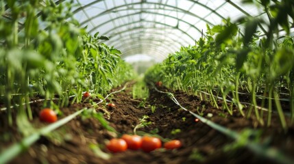 Wall Mural - Inside a vibrant greenhouse, rows of tomato plants stretch towards the sky, with plump tomatoes resting on the soil below.