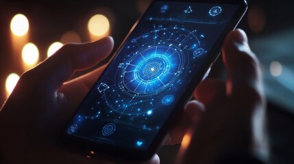 Hands holding a smartphone displaying an astrology app surrounded by soft candlelight