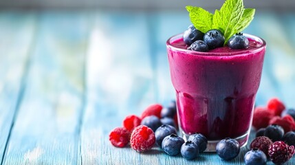 Wall Mural - A glass of delicious smoothie with blueberries and raspberries on a blue wooden background.