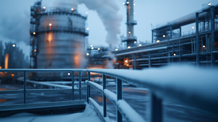 Wall Mural - Close-up of a large LNG storage tank within an extensive industrial site, with visible frost and intricate cooling systems emphasizing the cold storage technology