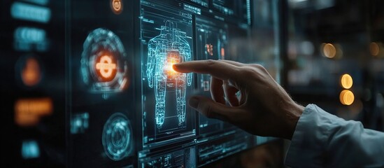 The doctor's hand uses an Ai system to examine the patient's body. Digital examination of a human anatomy. Medical technology and healthcare treatment. Ai generated image