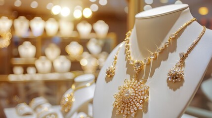 A dazzling display of gold and diamond jewelry, including an ornate necklace and matching earrings, showcased on a mannequin under bright, warm lights.