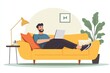 © Olsek - A man relaxes on a cozy yellow couch working on his laptop. The room is bright and inviting with a plant nearby. Perfect for home office inspiration. Generative AI