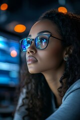 Sticker - Focused Young Woman With Glasses Working Late Night. Coding, Programming, Data Analysis