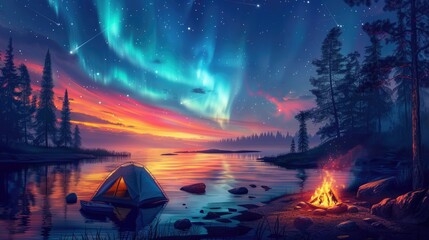 Wall Mural - Campsite by the Lake Under a Starry Sky with Aurora Borealis