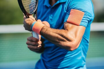 Wall Mural - An athlete holding their elbow in discomfort while playing tennis, moment of injury and the impact of tennis elbow on performance