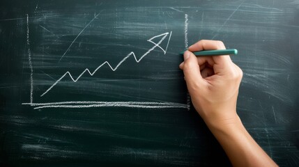 A hand drawing a sharp upward arrow on a chalkboard, indicating growth and progress in a business or educational context.