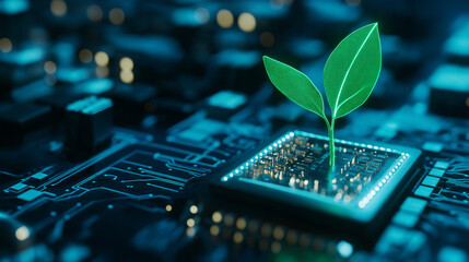 Wall Mural - a seedling growing from a high-tech circuit board, representing the organic growth of ideas in the d