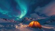 © Hammam - Illuminated Tent Under the Northern Lights in Snowy Mountains