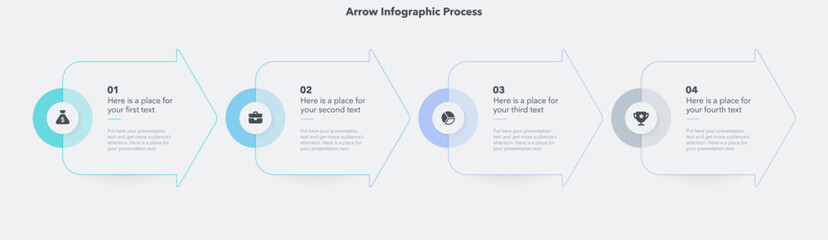 Sticker - Arrow infographic process template with four steps. Graphic diagram with numbers, icons and places for your texts.