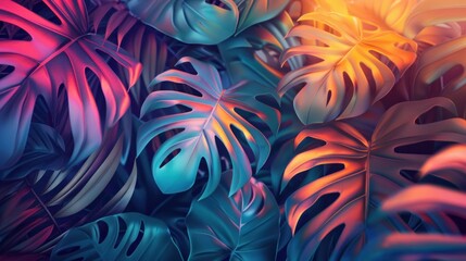 Wall Mural - Abstract summer background with tropical leaf patterns and sunset gradients, exotic and beautiful