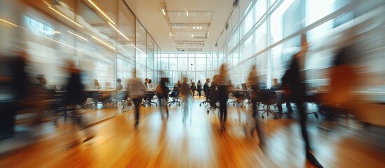 Wall Mural - Modern Office Space with Blurred Motion of People Walking and Working in a Bright, Open Environment