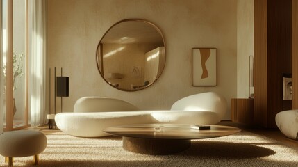 Wall Mural - A modern living room featuring organic shapes and soft curves in warm tones