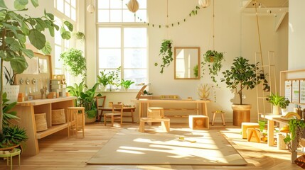 A bright, plant-filled classroom bathed in natural light, fostering a vibrant and nurturing learning environment with wooden furniture and playful decor.