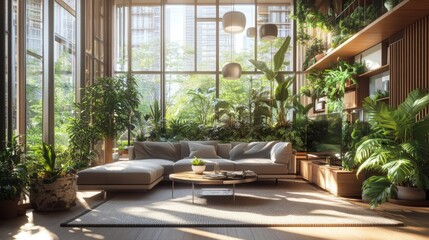 Wall Mural - Sunlit urban jungle interior with lush plants and modern furnishings