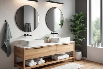 Wall Mural - Modern Bathroom with Double Sinks, Mirrors, and Wood Vanity