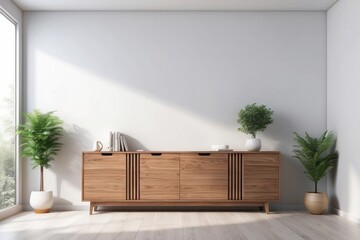 Wall Mural - Modern Living Room with Wooden Cabinet and Plants