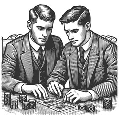 two men in suits and hats playing cards, focused on their game, classic gambling scene sketch engraving generative ai raster illustration. Scratch board imitation. Black and white image.