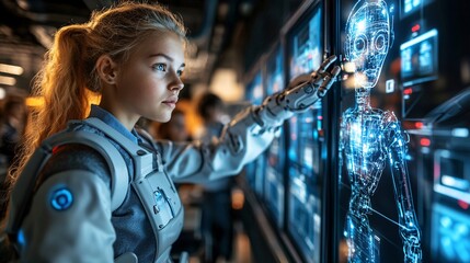 Wall Mural - A classroom setting where students are learning with the aid of an AI-powered educational tool demonstrating the future of AI in education Stock Photo with copy space