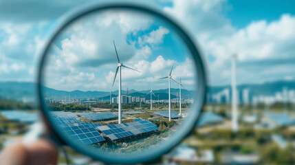 Poster - A magnifying glass zooms in on renewable energy infrastructure, with wind turbines and solar panels representing green power growth.