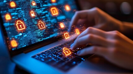 Wall Mural - A cybersecurity expert monitoring AI-driven security systems to protect sensitive data from cyber threats Stock Photo with copy space