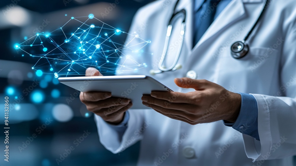 A healthcare professional analyzing patient data with the help of AI ...