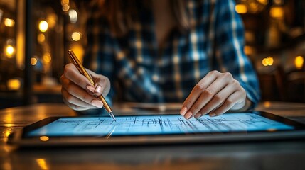 A digital artist creating an AI-generated artwork on a tablet showcasing the fusion of creativity and technology Stock Photo with copy space