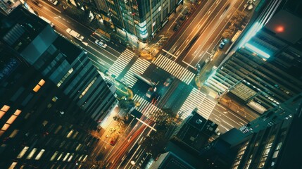 Wall Mural - Aerial night shot of a city intersection with vibrant light streaks from moving vehicles, showcasing the energetic vibe of the urban night life.