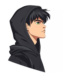 Black hair, green eyes, cool boy in a black hoodie, simple flat vector anime illustration, white background