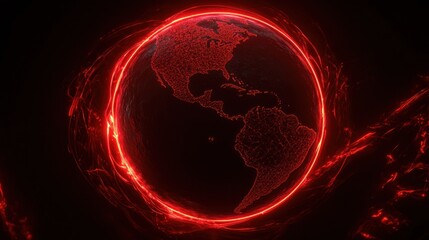 Wall Mural - glowing red neon planet with rings in dark space generative ai