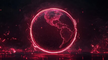 Wall Mural - Glowing red neon planet with rings in dark space Generative AI