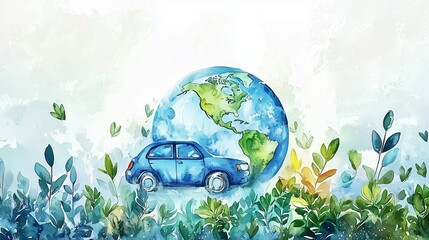 Wall Mural - A blue car and earth surrounded by green foliage, symbolizing sustainable transport and environmental conservation.