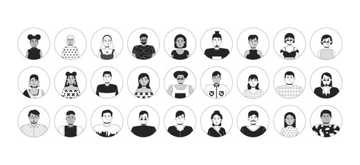 Wall Mural - Diverse employees black and white 2D vector avatars illustration set. Headshots students outline cartoon character faces isolated. Multicultural workers flat user profile images collection portraits