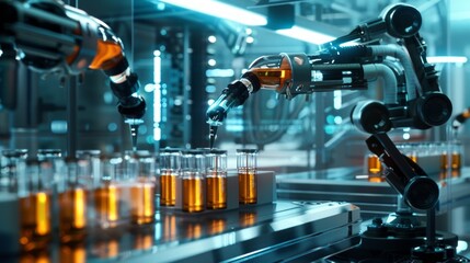 A futuristic laboratory with automated robotic systems efficiently conducting chemical experiments and filling vials with precision