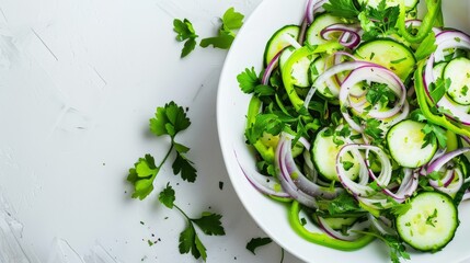 Wall Mural - A colorful and crisp cucumber salad garnished with parsley and thinly sliced onions, presented artfully on a pristine white plate.