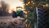 Closeup of a Christmas tree decorated with lights and a tractor in the background.