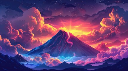 Wall Mural - A Majestic Volcano Erupting Through a Sunset Sky